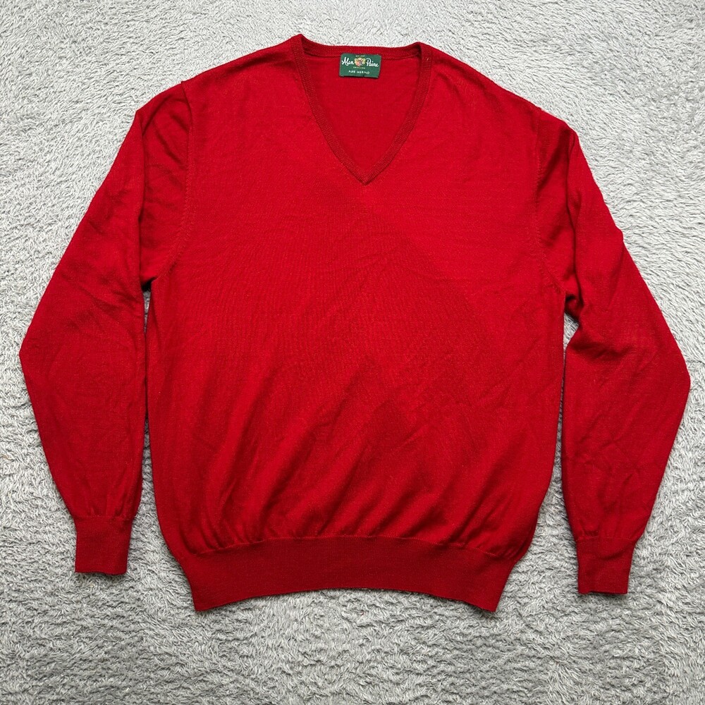 Alan Paine Sweater Mens XL Red V-Neck Pure Merino Wool EUR 56 UK48